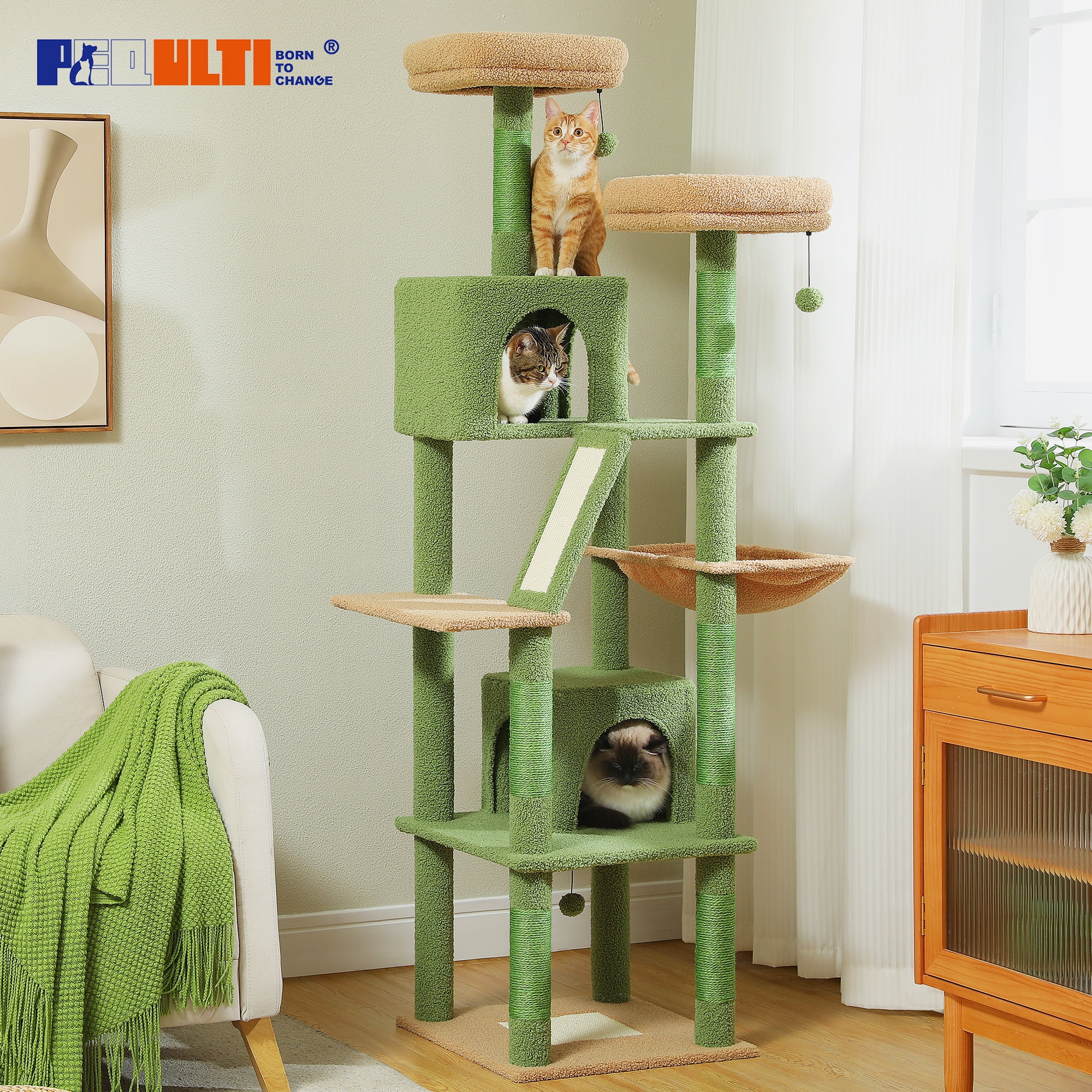 PEQULTI 71 " Cat Tree Tower for Large Cat Condo with Scratching Post Tall for Indoor, Green