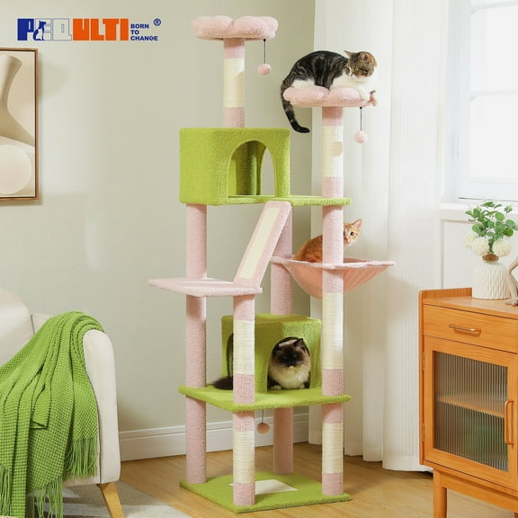 PEQULTI 71 " Large Cat Tree Tower for Cat with Dual Condos and 6 Scratching Posts Indoor Pink