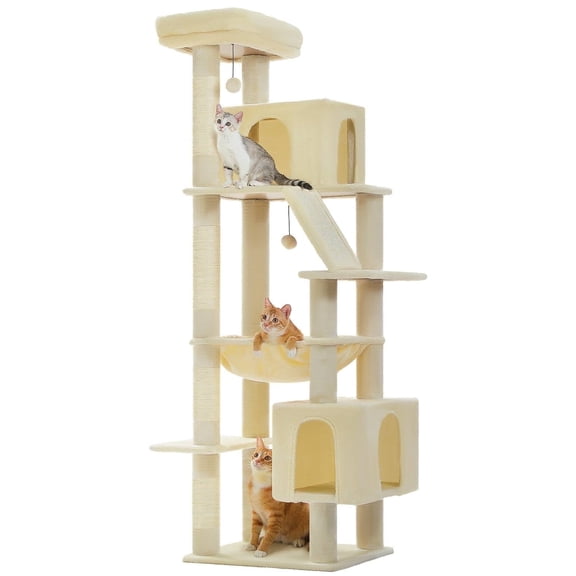 PEQULTI 71'' Large Cat Tree Tower Multi-Level Cat Tree with Dual Spacious Condos Indoor Beige