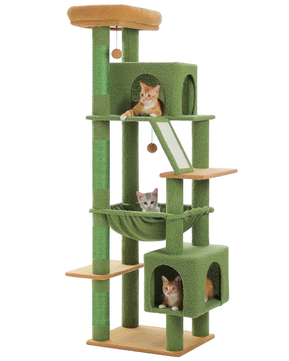 PEQULTI 71'' Large Cat Tree Tower Multi-level Cat Tree with Dual Spacious Condos Indoor Green