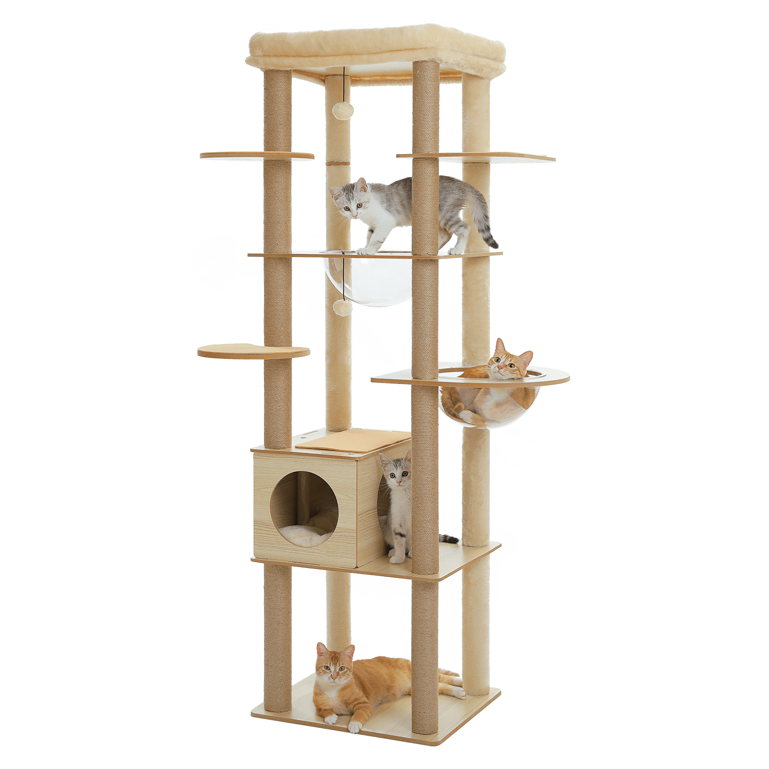 PEQULTI 71" Wood Cat Tree Large Cat Tower with Acrylic Bowl & 10 Sisal Scratching Posts Beige Indoor