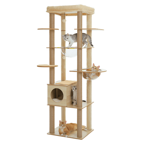 PEQULTI 71" Wood Cat Tree Large Cat Tower with Acrylic Bowl & 10 Sisal Scratching Posts Beige Indoor