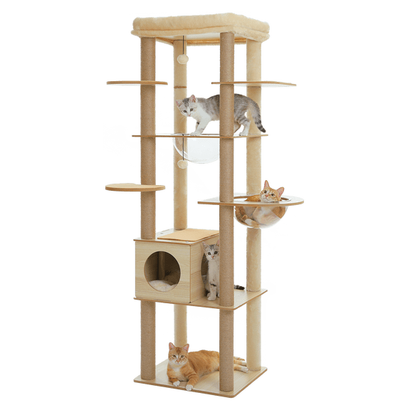 PEQULTI 71" Wood Cat Tree Large Cat Tower with Acrylic Bowl & 10 Sisal Scratching Posts Beige Indoor