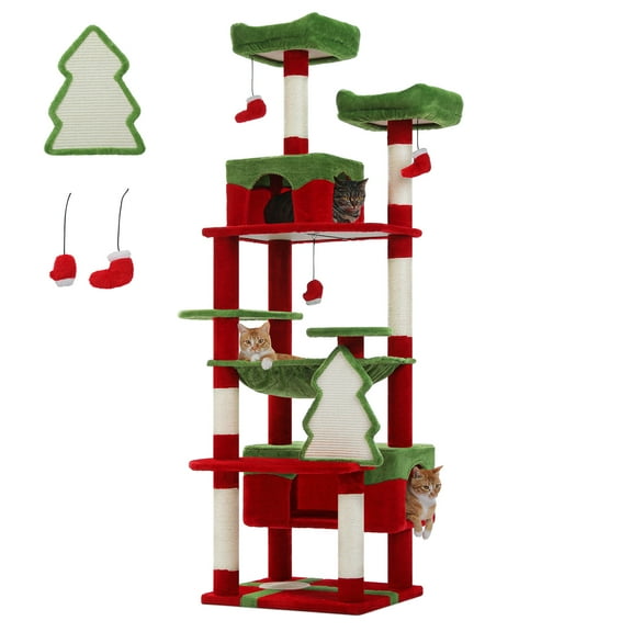 PEQULTI 72" Christmas Cat Tree Cat Tower with 7 Scratching Posts and Hammock for Large Cat Red
