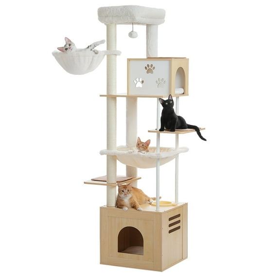 PEQULTI 75" Multi-Level Cat Tree Wooden Scratcher with Hammock for Large Cats Indoor Beige