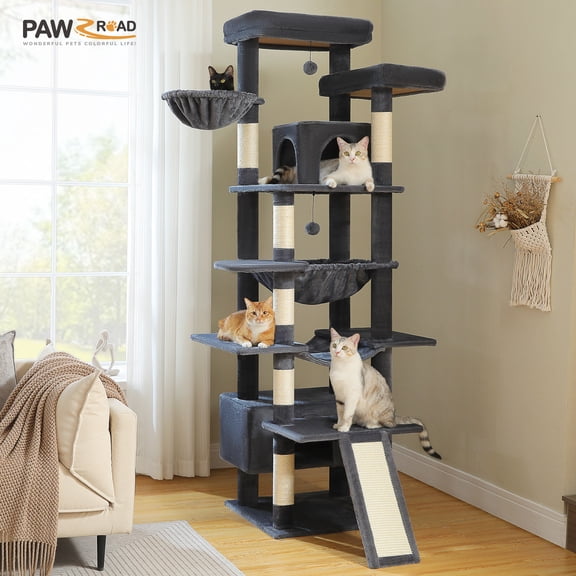 PEQULTI 80'' Multi-Layer Large Cat Tree with Spacious Perch 3 Hammock & 6 Scratching Posts, Dark Gray