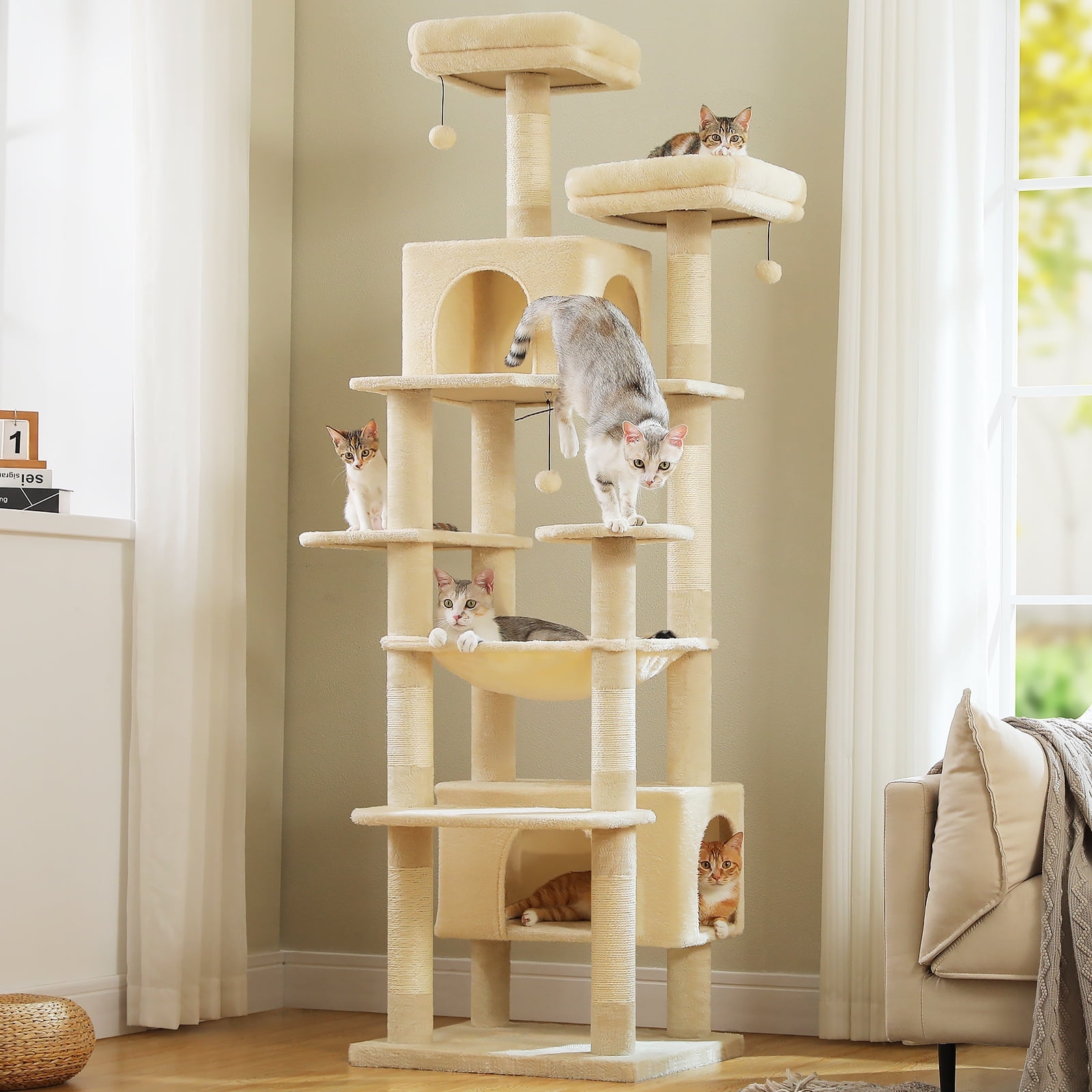 PEQULTI 81"Extra Large Cat Tree for Indoor Cat Tall Cat Tower with 7 scracthing posts Beige