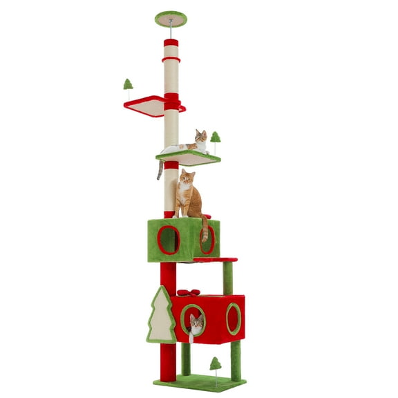 PEQULTI 90.9"-107.8" Christmas Cat Tree Floor to Ceiling Tall Cat Tower with 2 Spacious Cat Condos Red