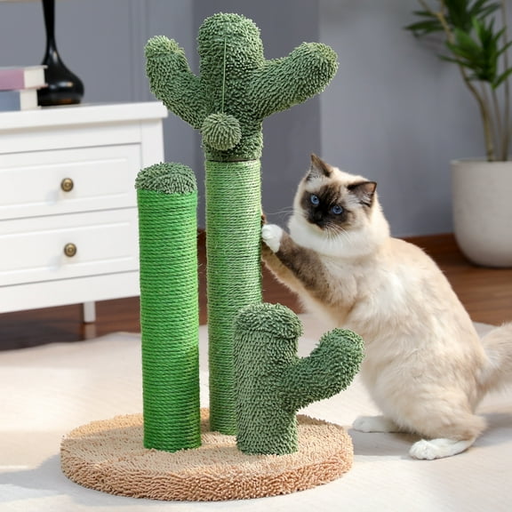 PEQULTI 27" Large Cat Scratching Post Cactus Scratcher Cute Cat Toy with 2 Sisal Posts Indoor Green