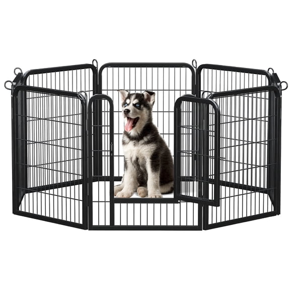 PEQULTI Dog Crate Heavy Duty for Indoor & Outdoor,32 inch 8 Panels, Metal Dog Playpen for Small Dog RV Camping & Yard, Black