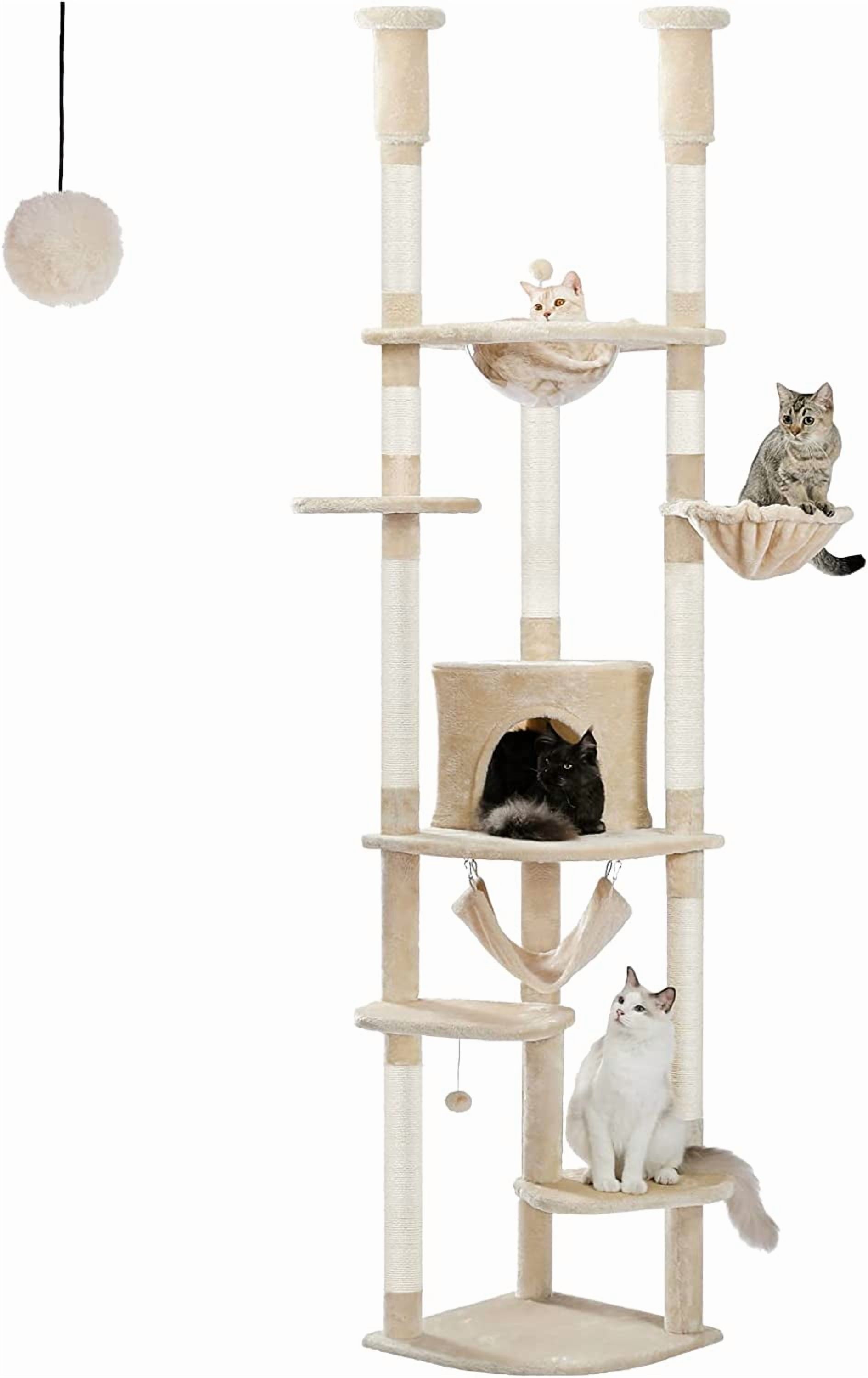 PEQULTI Floor to Ceiling Cat Tree 92.9’’-101.6’’ Height Adjustable Cat Tower Tall  Climbing Play House with Scratching Posts, Cozy Condo, Perches and Large Hammock for Indoor Cats Beige