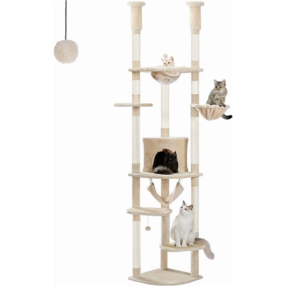 PEQULTI Floor to Ceiling Cat Tree 92.9’’-101.6’’ Height Adjustable Cat Tower Tall  Climbing Play House with Scratching Posts, Cozy Condo, Perches and Large Hammock for Indoor Cats Beige