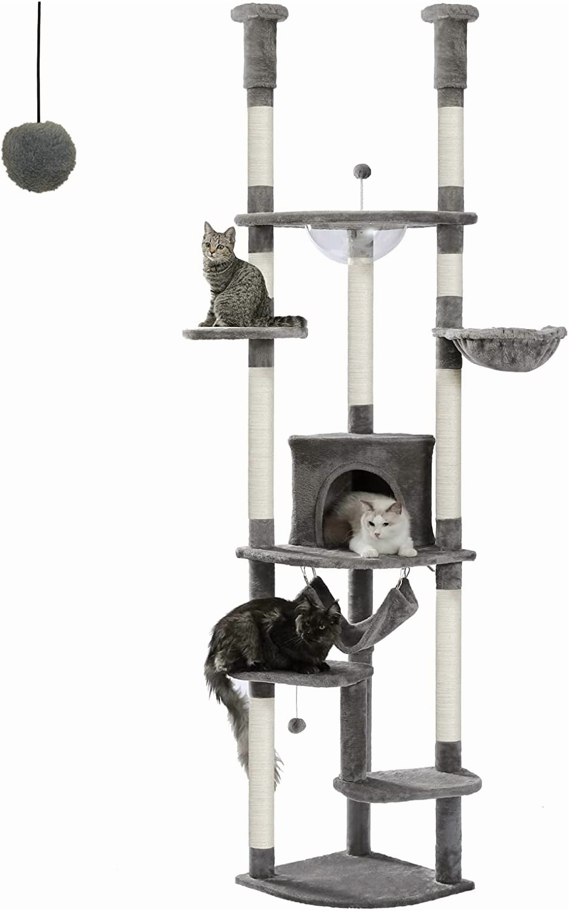 PEQULTI Floor to Ceiling Cat Tree 92.9’’-101.6’’ Height Adjustable Cat Tower Tall  Climbing Play House with Scratching Posts, Cozy Condo, Perches and Large Hammock for Indoor Cats Gray