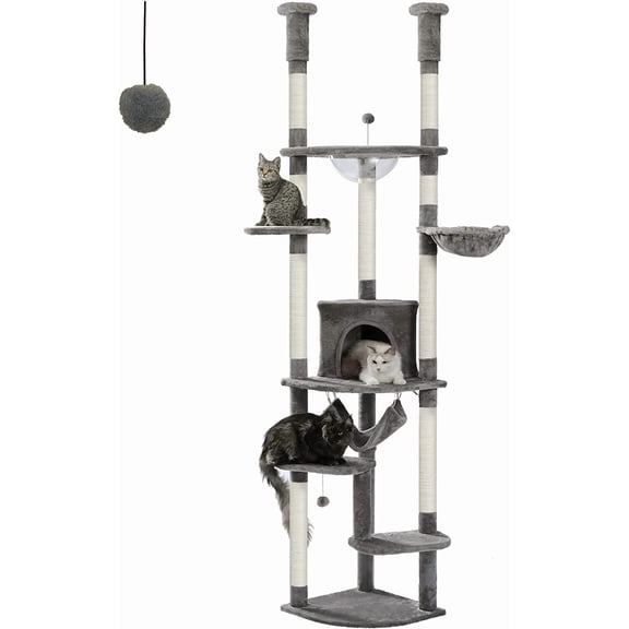 PEQULTI Floor to Ceiling Cat Tree 92.9’’-101.6’’ Height Adjustable Cat Tower Tall  Climbing Play House with Scratching Posts, Cozy Condo, Perches and Large Hammock for Indoor Cats Gray