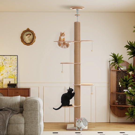 PEQULTI Floor to Ceiling Cat Tree for Indoor Cats Adjustable Height 79"-103" Wooden Tall Cat Tower Beige