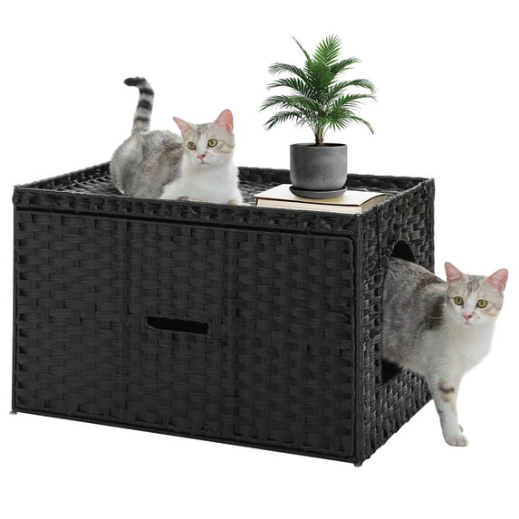 PEQULTI Rattan Cat Litter Box Enclosure Pet House with Taller Doorway for Large Cats Indoor Black