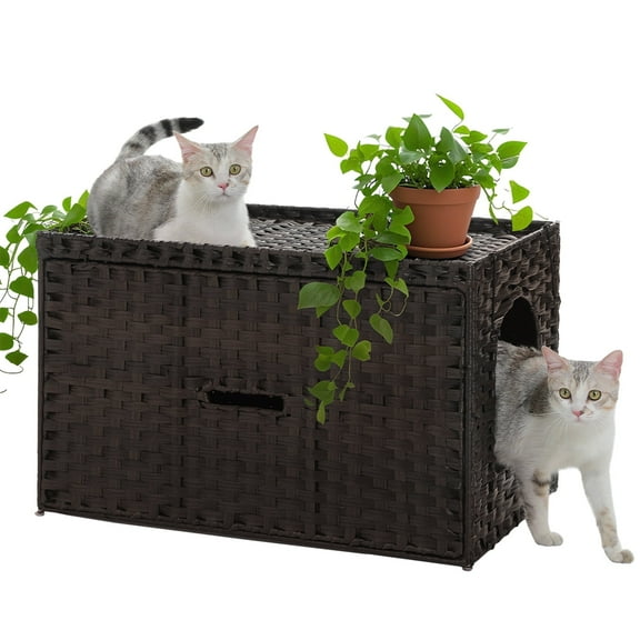 PEQULTI Rattan Cat Litter Box Enclosure Pet House with Taller Doorway for Large Cats Indoor Brown
