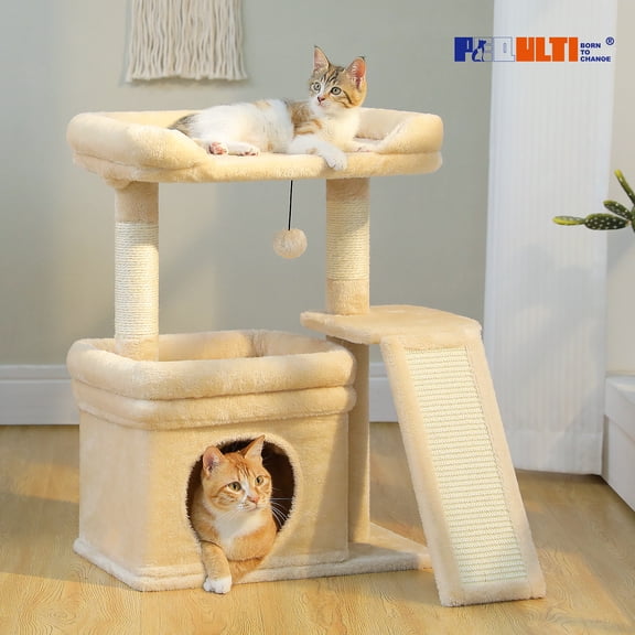 PEQULTI Small Cat Tree Tower for Indoor Cats Scratcher with Top Perch and Private Cat Condo Beige