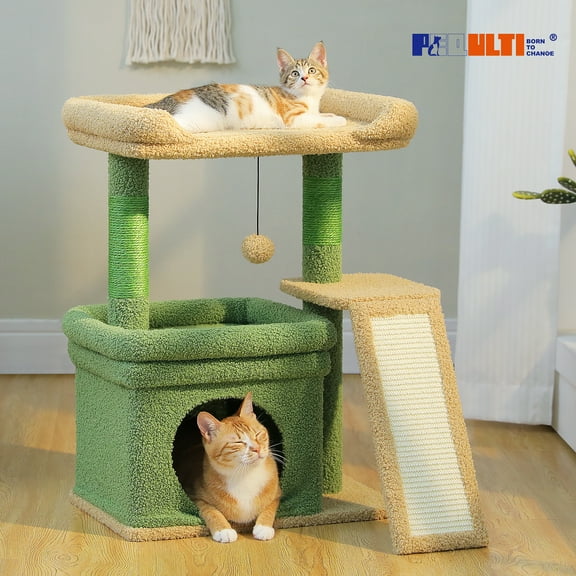 PEQULTI Small Cat Tree Tower for Indoor Cats Scratcher with Top Perch and Private Cat Condo Green