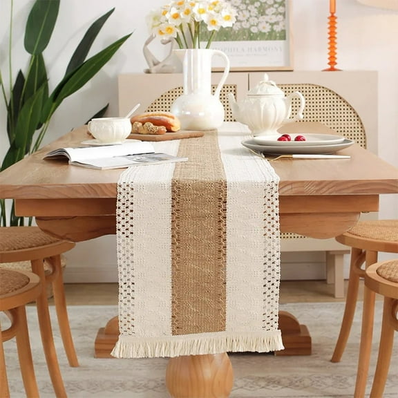 PERFECT LL 12"x 72" High Farmhouse Boho Table Runner, Stitching Edge Handmade Crochet Bohemian Style, Suitable For Dining Table Decoration (Beige)