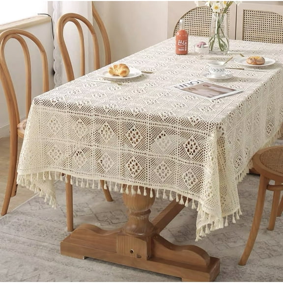 PERFECT LL 55"x 55" High Quality Tablecloth with Tassels, Rectangle Cotton and Linen Table Protector Cover for Table Decoration (Beige)