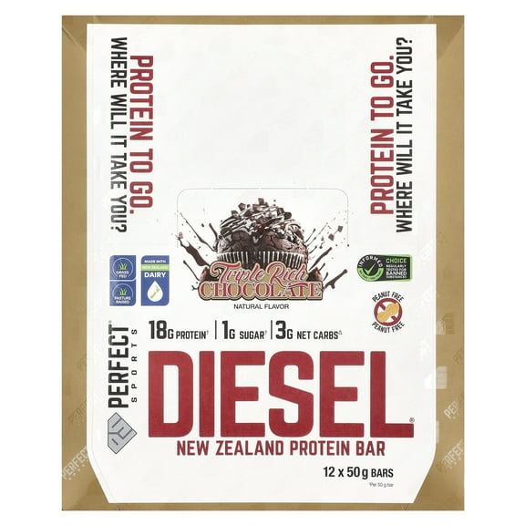 PERFECT Sports Diesel, New Zealand Protein Bar, Triple Rich Chocolate, 12 Bars, 50 g Each