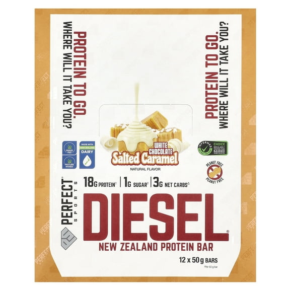 PERFECT Sports Diesel, New Zealand Protein Bar, White Chocolate Salted Caramel, 12 Bars, 50 g Each