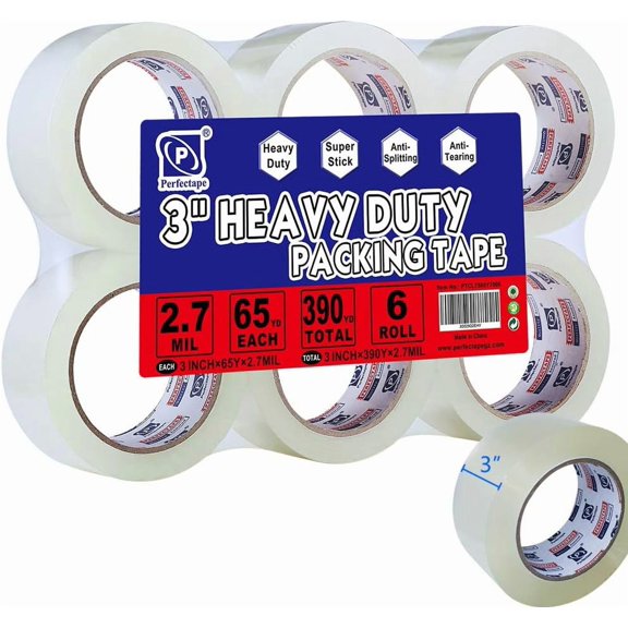 PERFECTAPE 3" Heavy Duty Packing Tape 6 Rolls, Total 390Y, Clear, 2.7 mil, 3 inch x 65 Yards, Ultra Strong, Refill for Packaging and Shipping(3" Width, not 2" Width)
