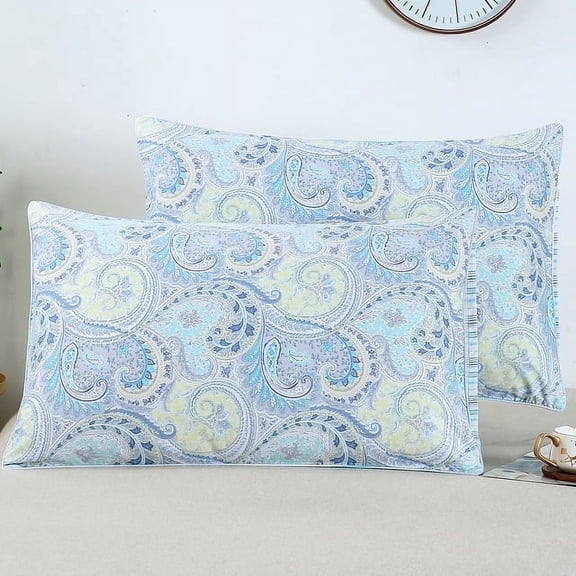 PERFEMET 100% Cotton Light-Teal Pillowcases 1000 Thread Count Blue Paisley Pillow Cases Set of 2 Pillow Cover (Queen, Light-Teal Paisley)