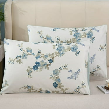 PERFEMET 100% Cotton Pillowcases 1000 Thread Count Blue Purple Floral Birds Printed Pillow Cases King Size Set of 2 Pillow Cover (King, Blue-Purple)