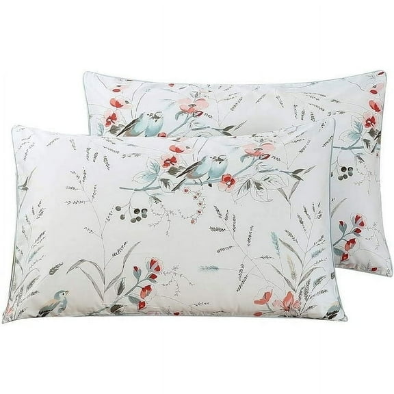 PERFEMET 100% Egyptian Cotton Pillowcases Set 1000 Thread Count Floral Printed with Blue Birds Soft Breathable King Size Set of 2 Pillow Cover