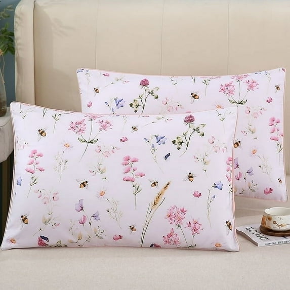 PERFEMET 100% Egyptian Cotton Pillowcase Set 1000 Thread Count Pink Floral and Bee Printed Soft Durable Standard Size Pillow Cases Set of 2