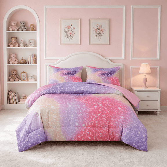 PERFEMET 3-Piece Bedding Set Twin Size for Girls Kids Teens,Purple Pink Gradient Tie-Dye Starlight Bedding Set for All Season