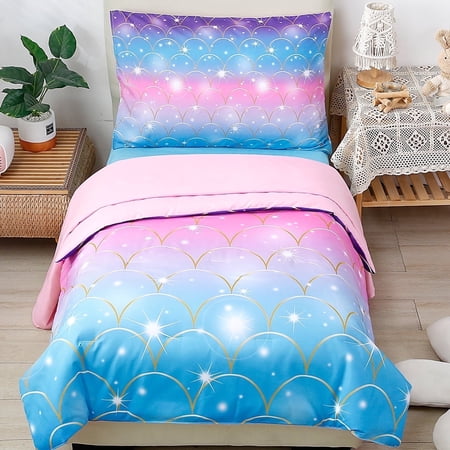 PERFEMET 4-Pcs Toddler Bedding Set Gradient Pink Blue Mermaid Glitter Star Printed, Cozy Microfiber Fabric, Pink Blue Mermaid