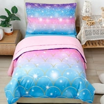 PERFEMET 4-Pcs Toddler Bedding Set Gradient Pink Blue Mermaid Glitter Star Printed, Cozy Microfiber Fabric, Pink Blue Mermaid