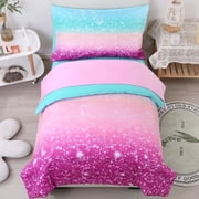 PERFEMET 4 Piece Cozy Toddler Bedding Set for Girls,Gradient Pink Green Glitter Star Comforter,Breathable Lightweight Microfiber