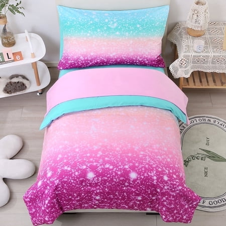 PERFEMET 4 Piece Cozy Toddler Bedding Set for Girls,Gradient Pink Green Glitter Star Comforter,Breathable Lightweight Microfiber