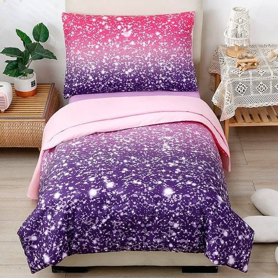 PERFEMET 4-Pcs Toddler Bedding Set with Sheets Set Gradient Pink Purple Star Toddler Comforter, Colorful Rainbow Reversible Design Toddler Bedding, Ultra Cozy Microfiber, Pink Purple