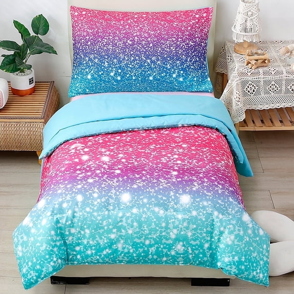 PERFEMET 4 Piece Plush Soft Toddler Bedding Set for Girls,Colorful Tie-Dye Gradient Star Reversible Design Comforter,Tuequoise Blue