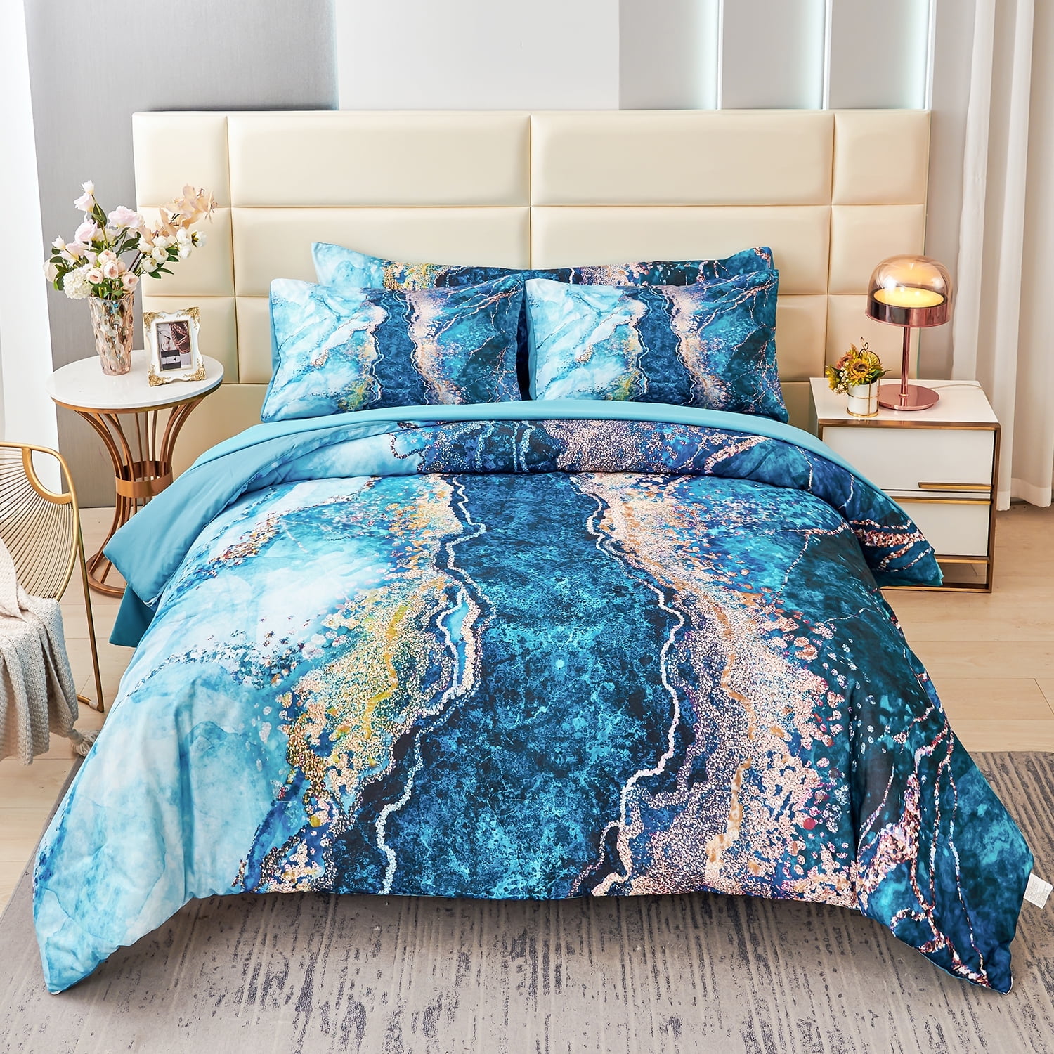 PERFEMET 6 Pcs Bed in a Bag Teal Comforter Set Full Size Watercolor ...