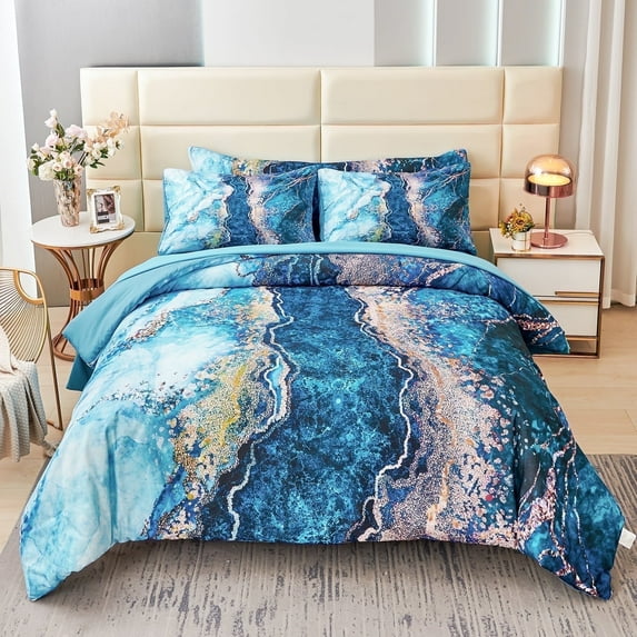 PERFEMET Full Size Teal Comforter Set,6 Pcs Gradient Watercolor Marble Pattern Bedding Set, Retro Artwork Style Aesthetic Bed Set for Adult