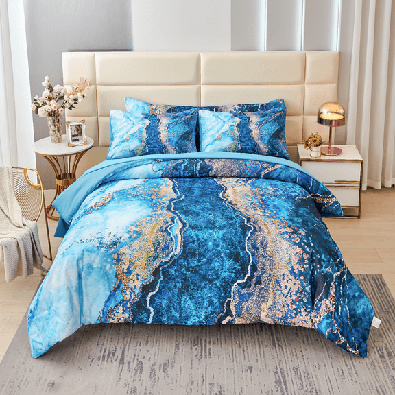 ZXJMHJ Full Size Teal Comforter Set,6 Pcs Gradient Watercolor Marble Pattern Bedding Set, Retro Artwork Style Aesthetic Bed Set for Adult