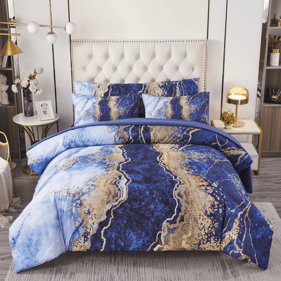 ZXJMHJ 6PCS Marble Opulence Collection Full Comforter Set,Light Blue Modern Luxury Bedding Set for Full Beds,Gradient Blue Gold Bed Set with Sheets
