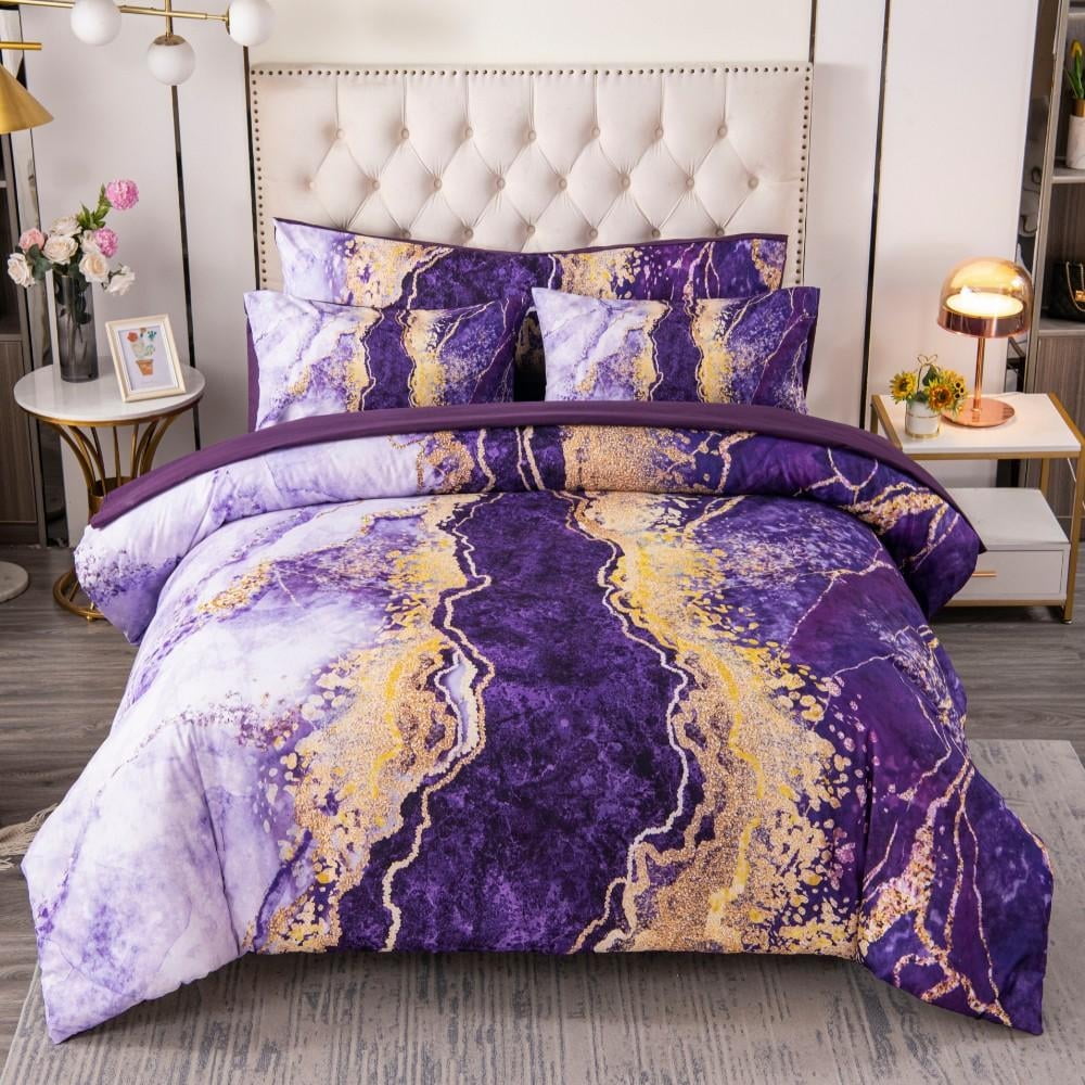 ZXJMHJ Full Size Comforter Set Purple,6 Pieces Watercolor Marble Colorful Bedding,Ultra Soft Purple Bed Set with Comforter and Sheets for All Season