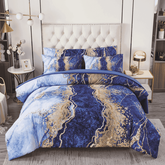 PERFEMET 6 Pcs Blue Comforter Set Watercolor Marble Printed Bedding Lightweight Retro Style Bedding Queen Size Bed in a Bag for Men Women