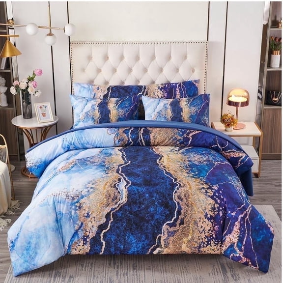 ZXJMHJ Queen Size Blue Comforter Set,6-Piece Watercolor Marble Printed Bedding with Sheets, Utra Soft and Lightweight Bed Set for Women Men