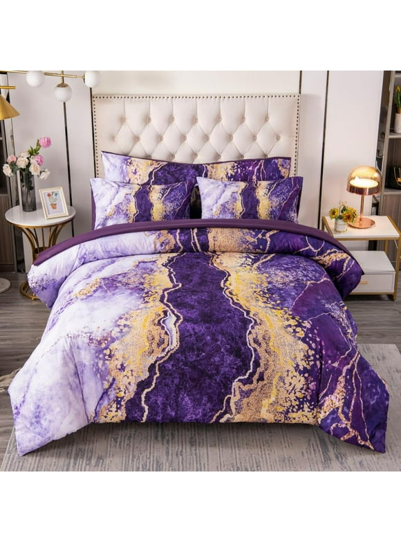 PERFEMET 6 Pcs Bed-in-a-Bag Purple Watercolor Marble Colorful Comforter Set, (Purple, Queen)