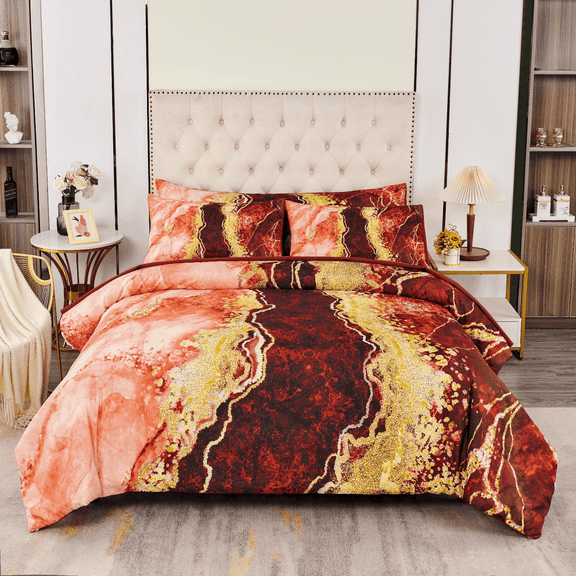 ZXJMHJ 6 Pieces King Size Comforter Set Burnt Orange, Watercolor Marble Printed Bedding Set Reversible Soft Bed in a Bag for Modern Bedroom Decor