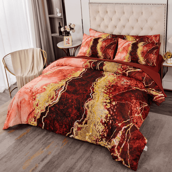 PERFEMET Queen Comforter Set Burnt Orange,Bed in a Bag Queen Size 6 Pieces Watercolor Marble Bedding,Luxury Soft Bed Set with Sheets for All Season