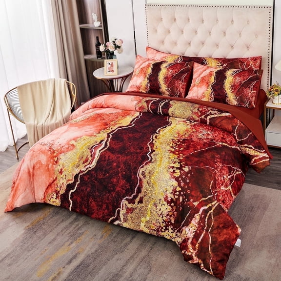 ZXJMHJ Queen Comforter Set Burnt Orange,Bed in a Bag Queen Size 6 Pieces Watercolor Marble Bedding,Luxury Soft Bed Set with Sheets for All Season